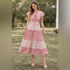 Reborn J Pink and Cream Floral Midi Dress